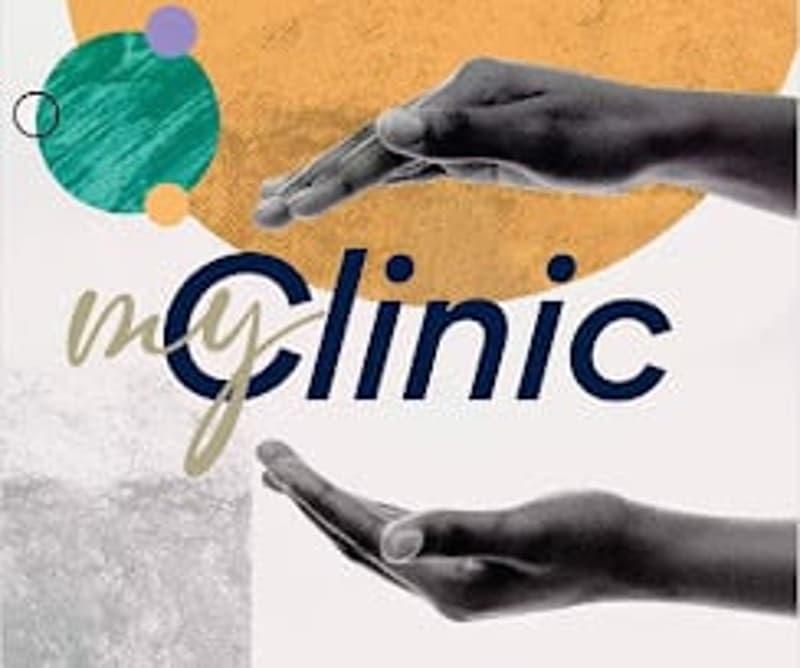 A poster with hands holding out their palms to each other with the text 'myClinic' in the center