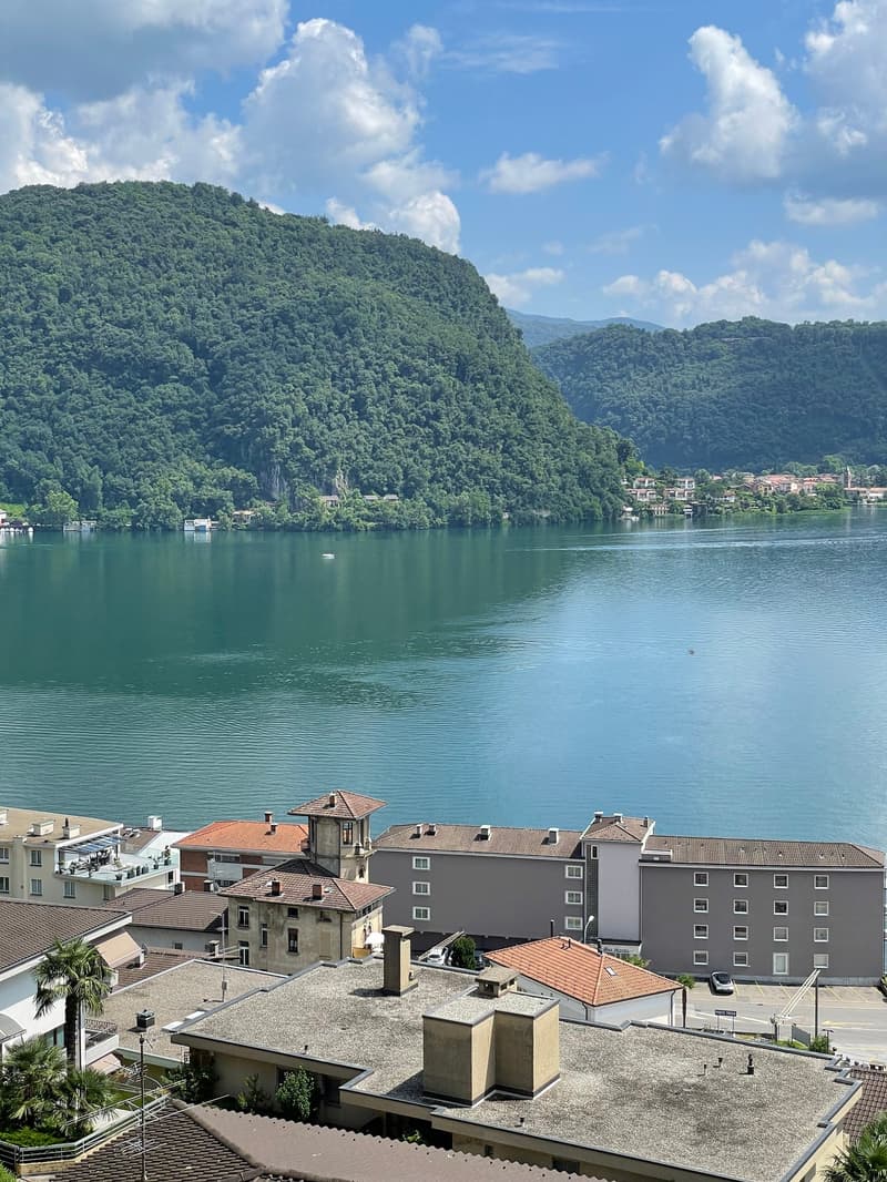 Lake with clear blue water, surrounded by green hills, houses, mountain in the distance