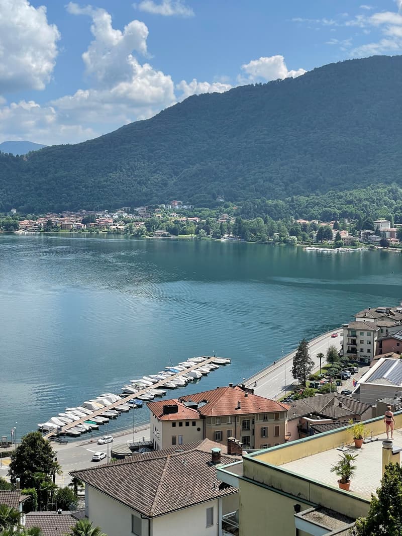 aerial view of houses on hillside above a lake