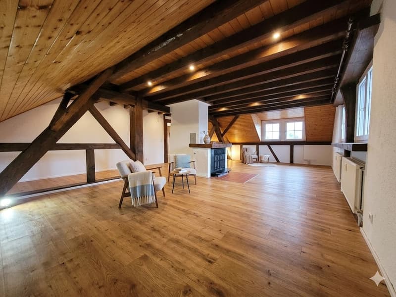 wooden beams, hardwood floor, fireplace, chairs, table, radiators