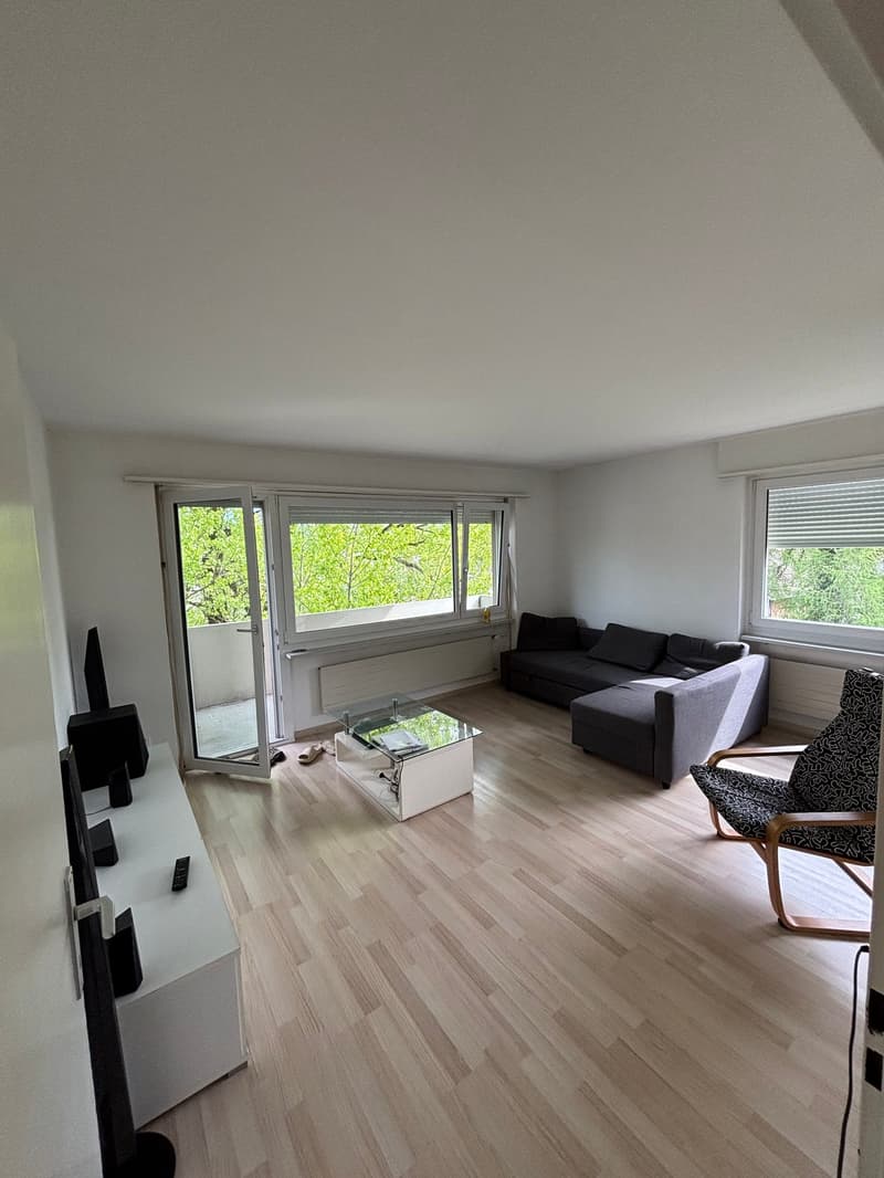 living room with wooden floor, white walls, large windows, balcony, couch, coffee table, TV stand, speakers