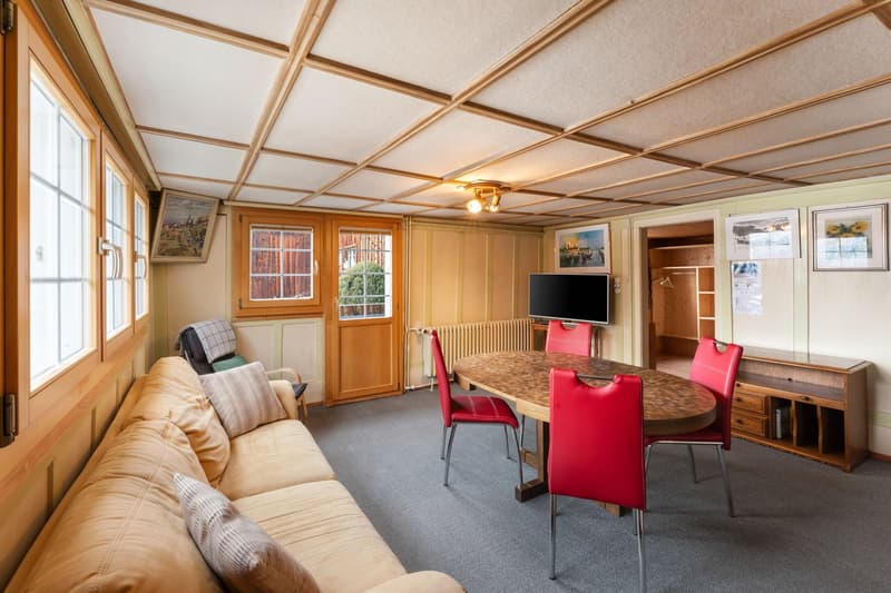 A living room with a couch, a dining table, a television, and a radiator.