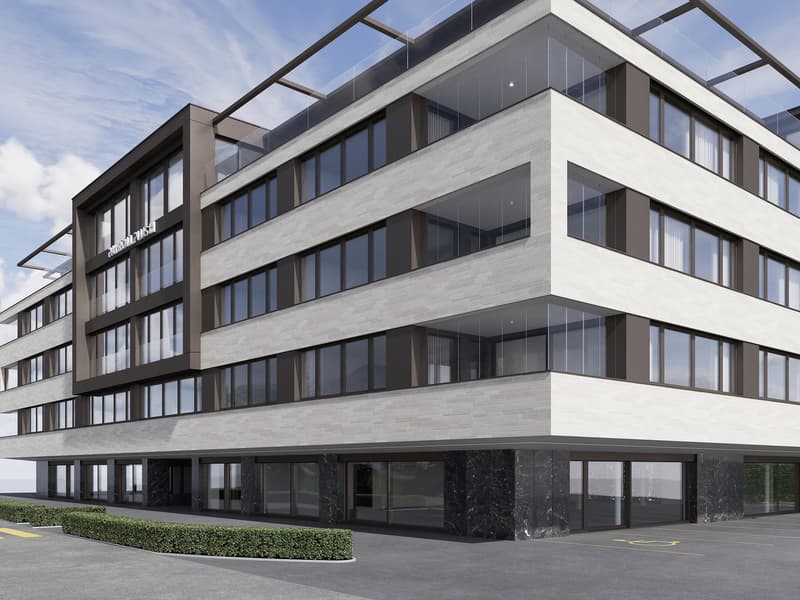 modern office building, multiple floors, glass windows, marble entrance, parking area