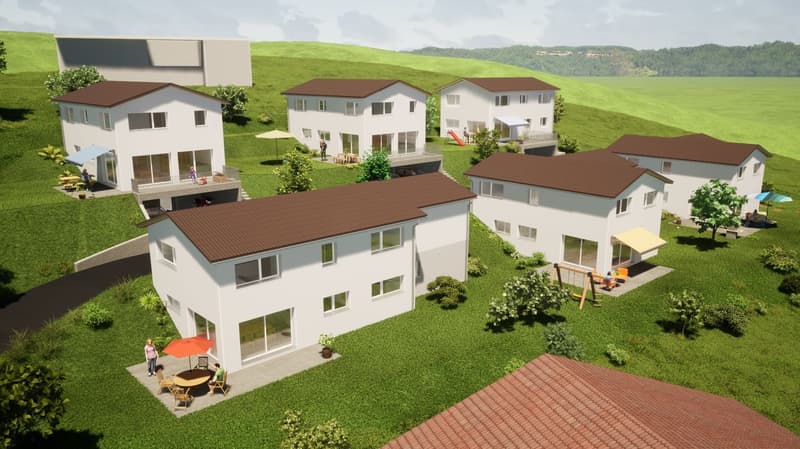 set of six white houses with brown roofs, raised ground floor, each with a garden, surrounded by greenery and a hill in the background