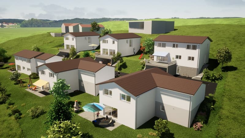 Group of terraced houses, brown roofs, white walls, large gardens, balcony