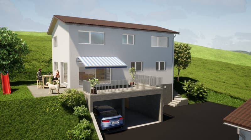two-story house, underground garage, underground parking, terrace, green grass, tree, sliding glass door, awning
