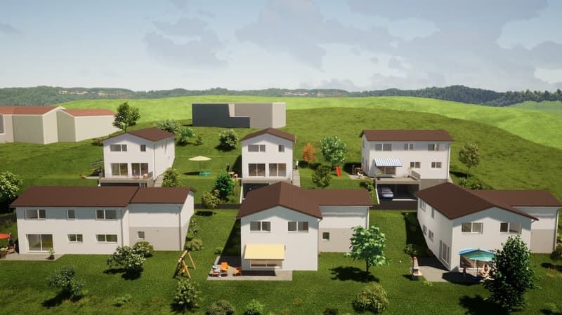 New residential development, 9 houses, brown roofs, white walls, car parks, balconies, garages