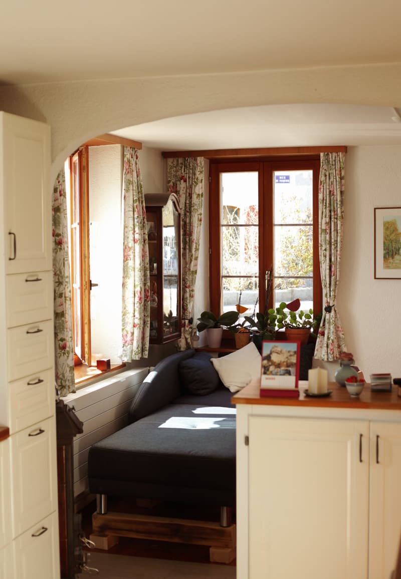 A cozy seating area with a daybed, curtains, window, radiator, and plants