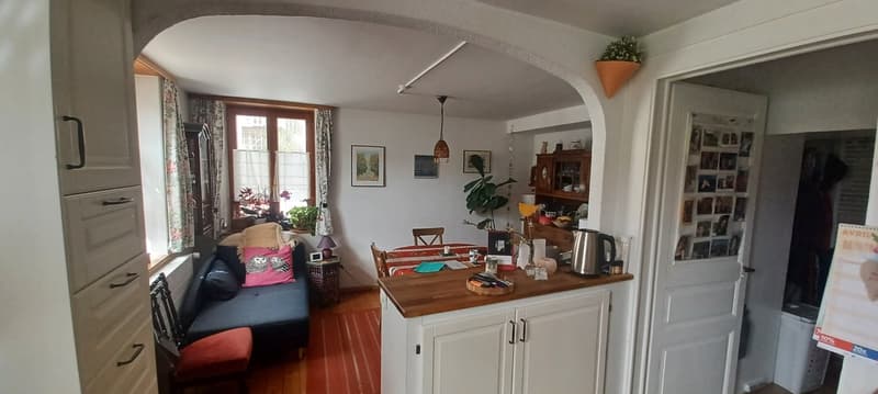 living room with kitchen, windows, wooden floor, open archway, sofa with pillows, counter with coffee maker and dishes
