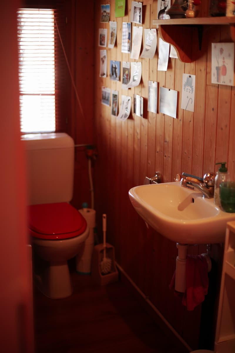 small room, wooden walls, toilet with red seat, white sink with a faucet, wall-mounted soap dispenser, toilet paper holder, toilet brush