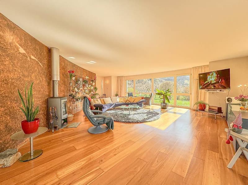 Open living room with hardwood floor, couch, fireplace, rug, TV, and lots of plants.
