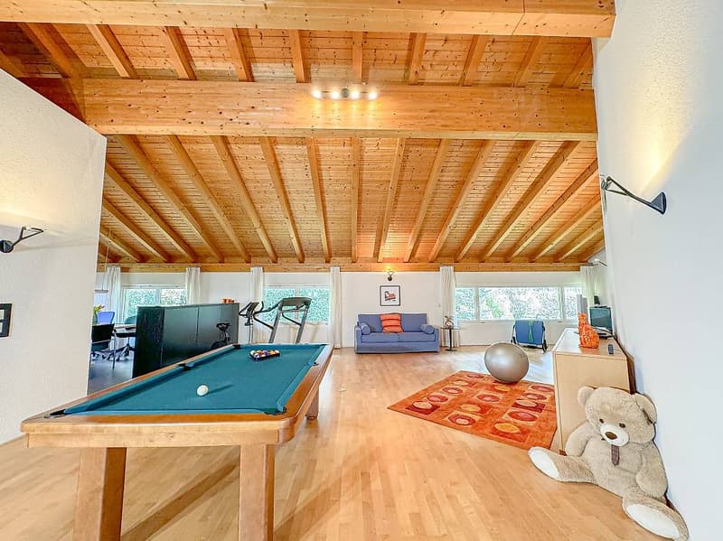 Open room with wooden ceiling, hardwood floor, pool table, exercise equipment, living room sofa, carpet, decorative items