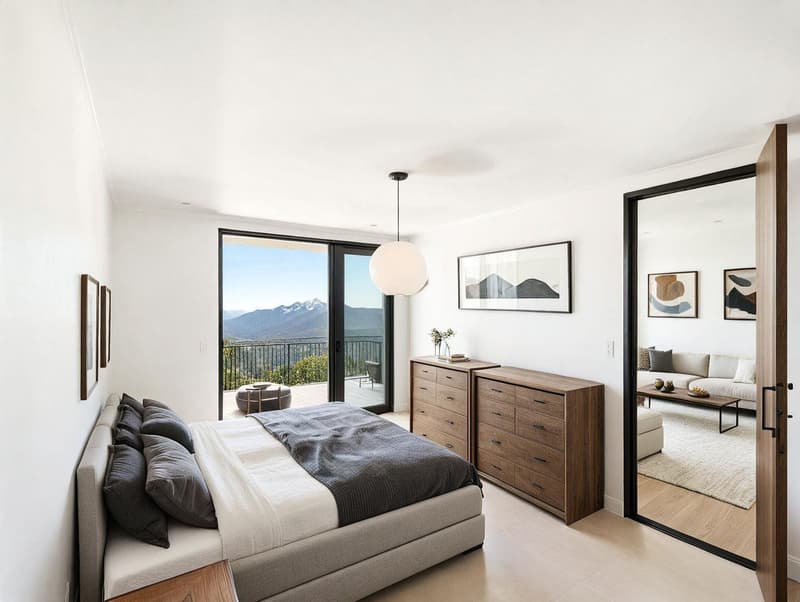 contemporary bedroom with wooden dresser, bed, terrace with balcony, large windows, modern decor