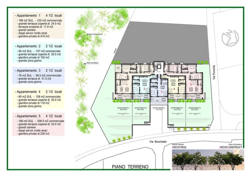 5 apartments with various room sizes, each with terraces and private gardens