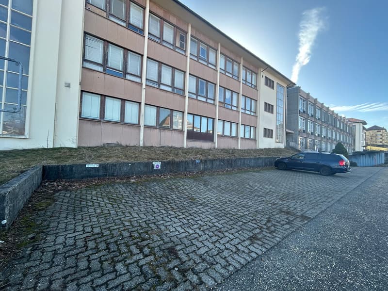 Large multistory building with windows and brick wall, car parked in front