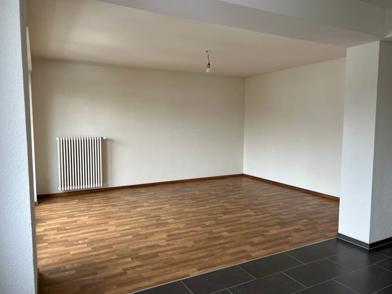 empty room, wooden floor, white walls, white radiator, black tiles