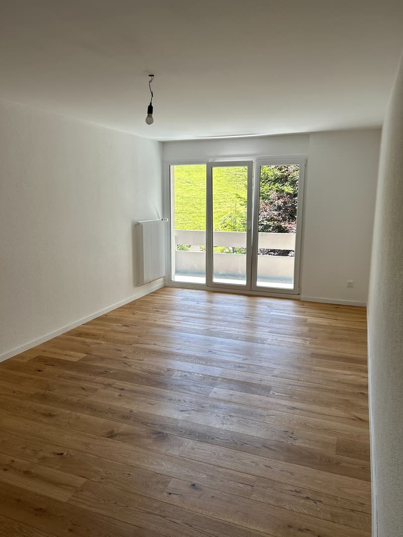 empty room, wooden floors, sliding glass doors, balcony, white walls, white radiator, power outlet