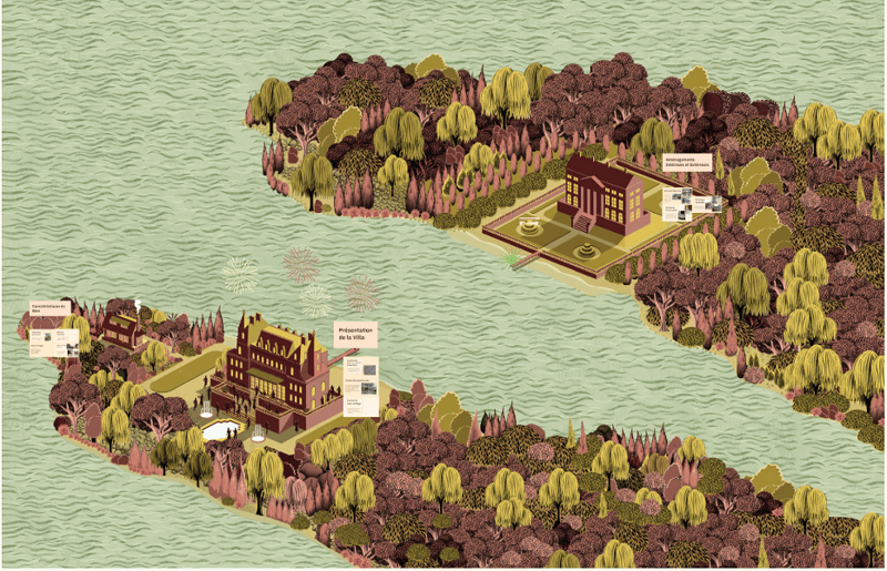 Two houses in the island with one house on the shore. Both the houses are surrounded by green lawn. There is a pathway connecting both houses.
