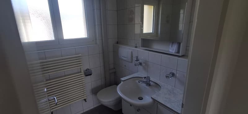 Small bathroom with white tiles, white toilet, white sink with silver faucet, a cabinet, mirror on wall, heater on wall and small window