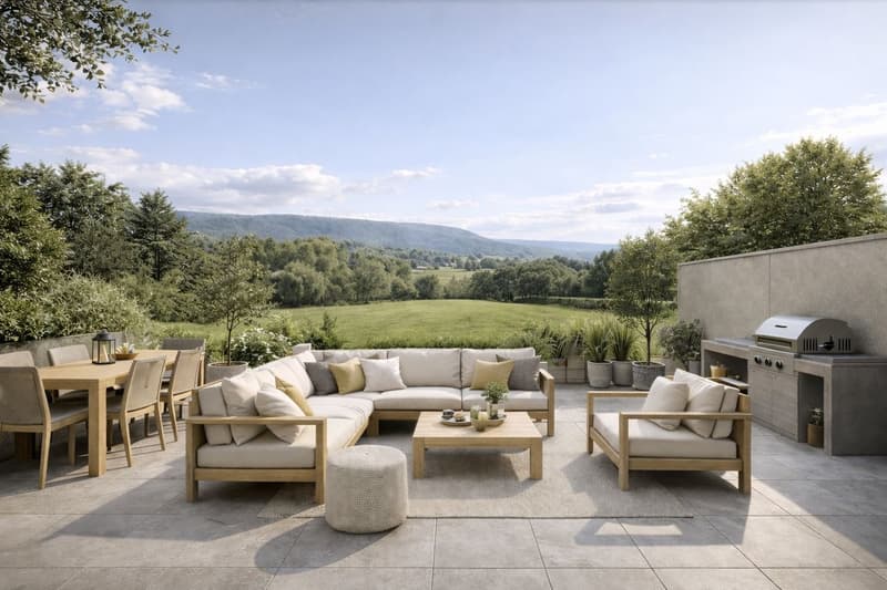 Outdoor L-shaped sofa with pillows, wooden coffee table, chairs, table, gas grill, plants, trees, and a beautiful view