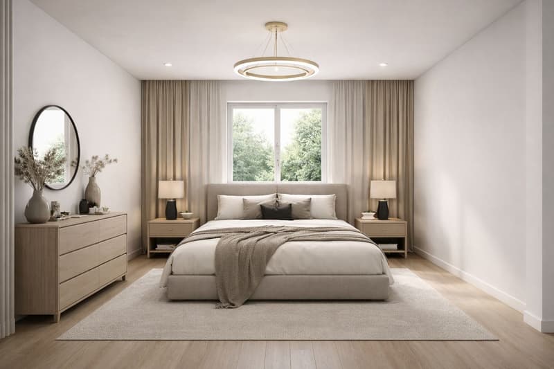 A bed with a large beige comforter and pillows, surrounded by nightstands with lamps and decorative items. The bed is positioned against a wall with a large window covered in curtains, offering a view of the outdoors. The room features a minimalist and cl