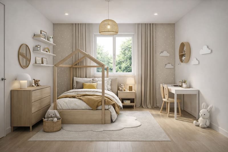 Wooden bed with canopy, white and beige bedding, desk, chairs, shelves, wooden storage unit, lamp, rug, soft toys, wicker basket