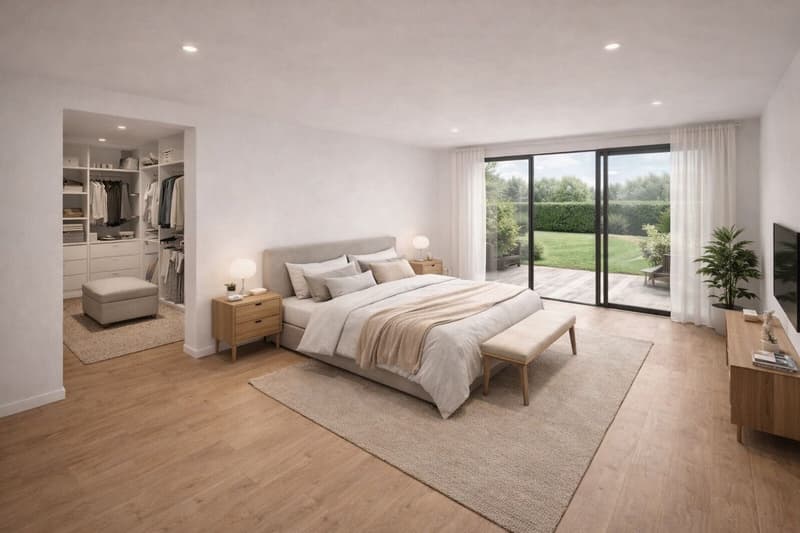 large bedroom, bed with grey headboard, large windows, balcony, rug, bedside tables, bench, dressing room