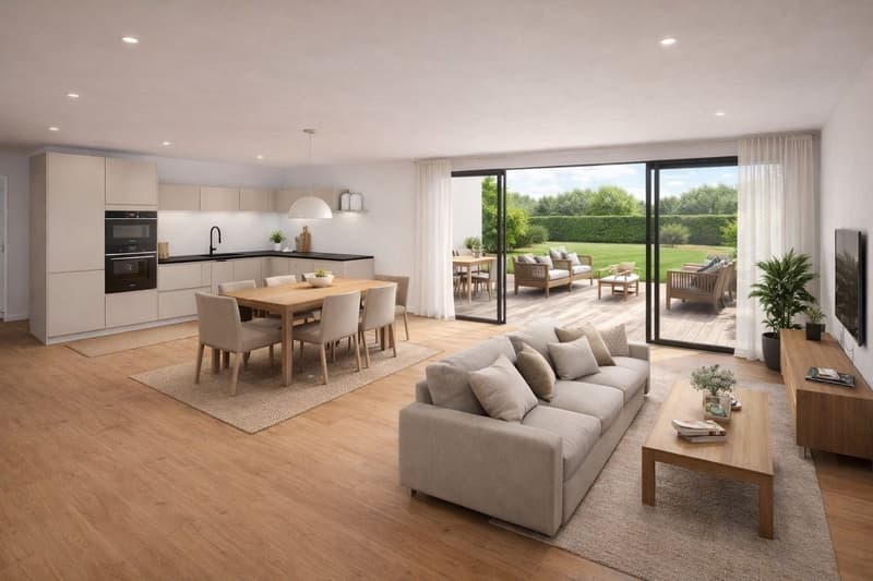 sliding doors, open space design, wooden floor, gray sofa, coffee table, rug, wooden dining table, chairs, kitchen, cabinet, oven, sink, countertop, faucet, plant, rug