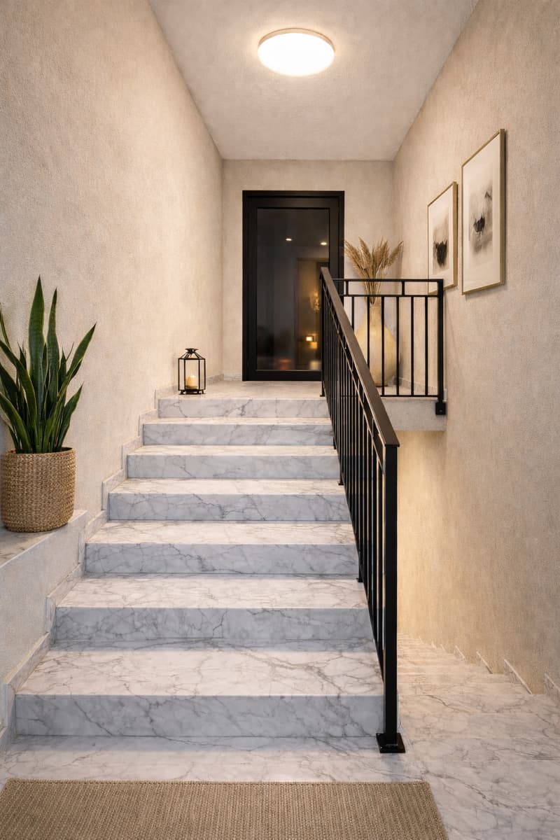 marble staircase, black railing, beige carpet, white walls, ceiling light, plant, two picture frames