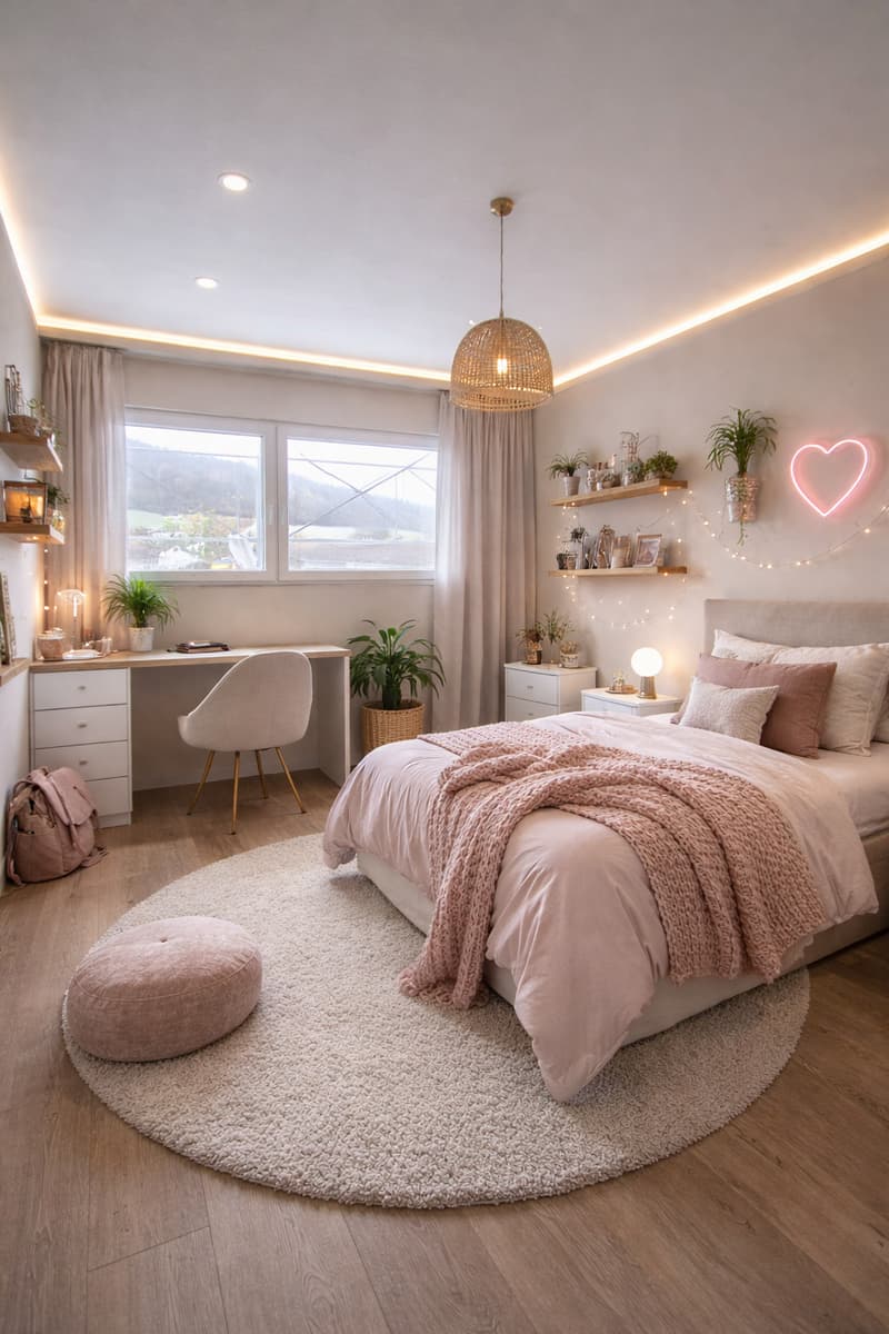 Bedroom with round rug, bed, desk, chair, pink pillow, curtains, shelves, heart light, potted plants, pink blanket