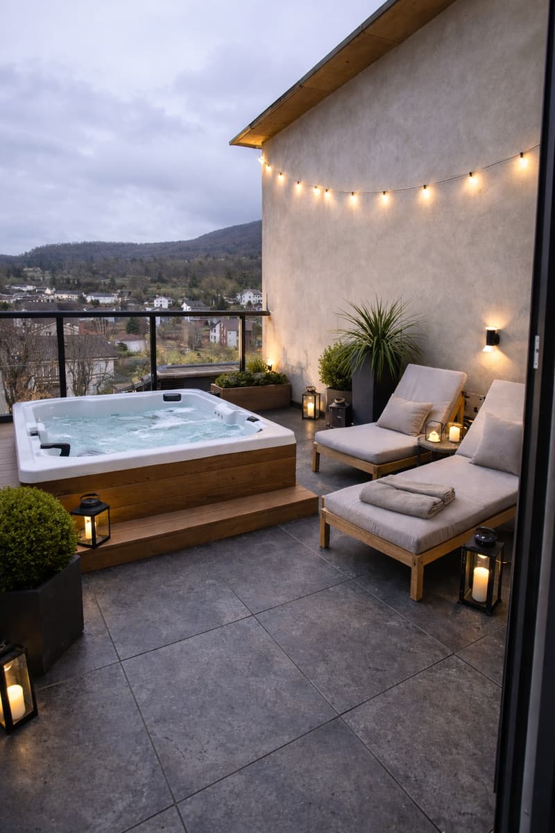 wooden deck, hot tub, lounge chairs, plants, black lantern with light, railing