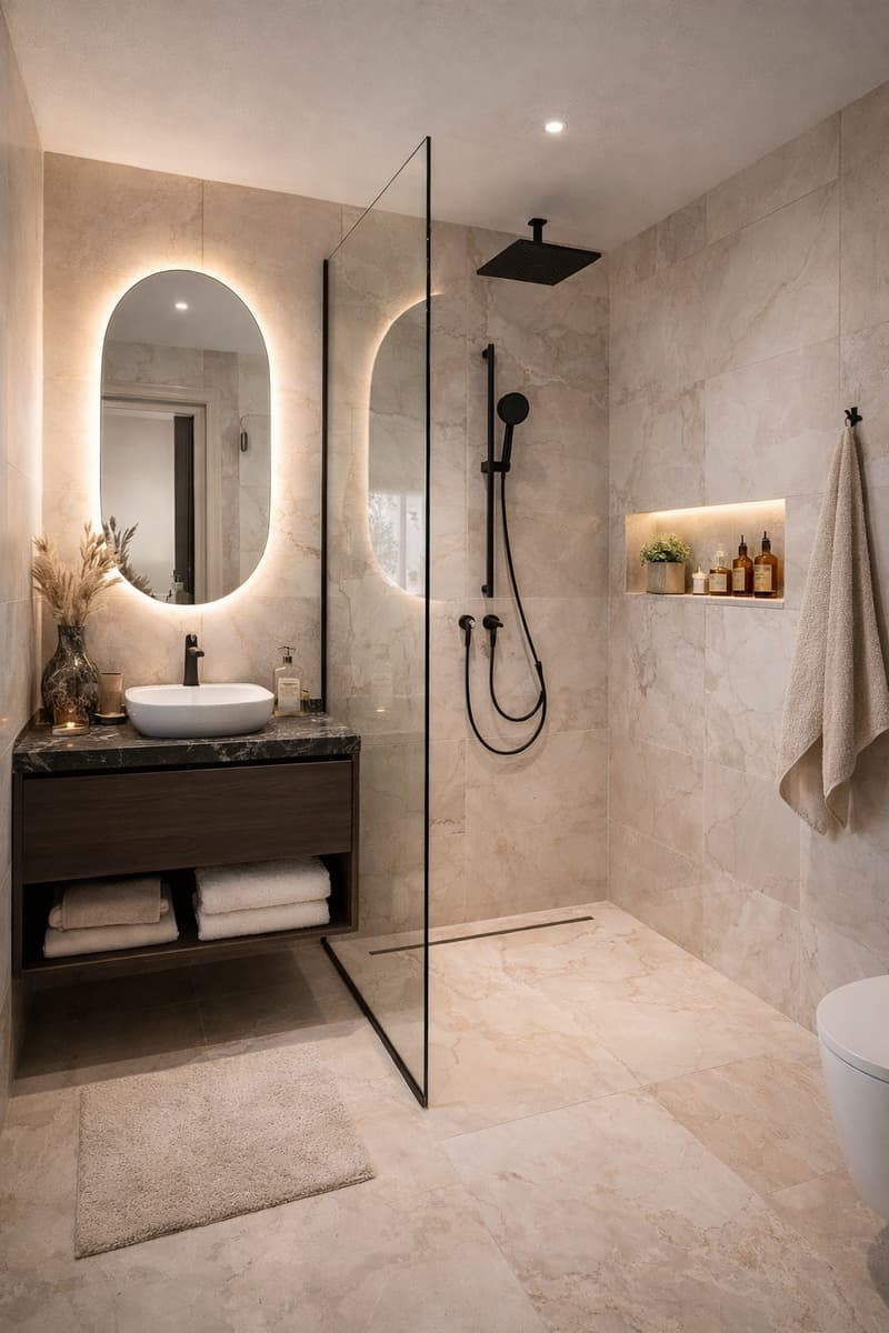 Modern bathroom with shower, marble floors, wall-mounted sink, oval mirror, cabinet with drawers, towel rack