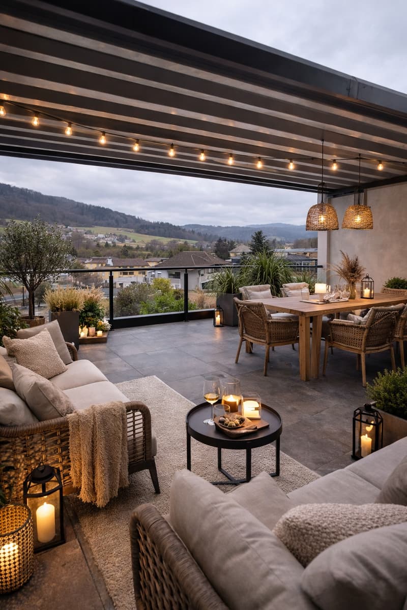 Outdoor living area with a sofa, dining table, and chairs. Wooden table with wine glasses and candles. Wooden chairs with cushions. Overlapping metal ceiling with decorative lights. Metal fences with a railing. Mountain view.