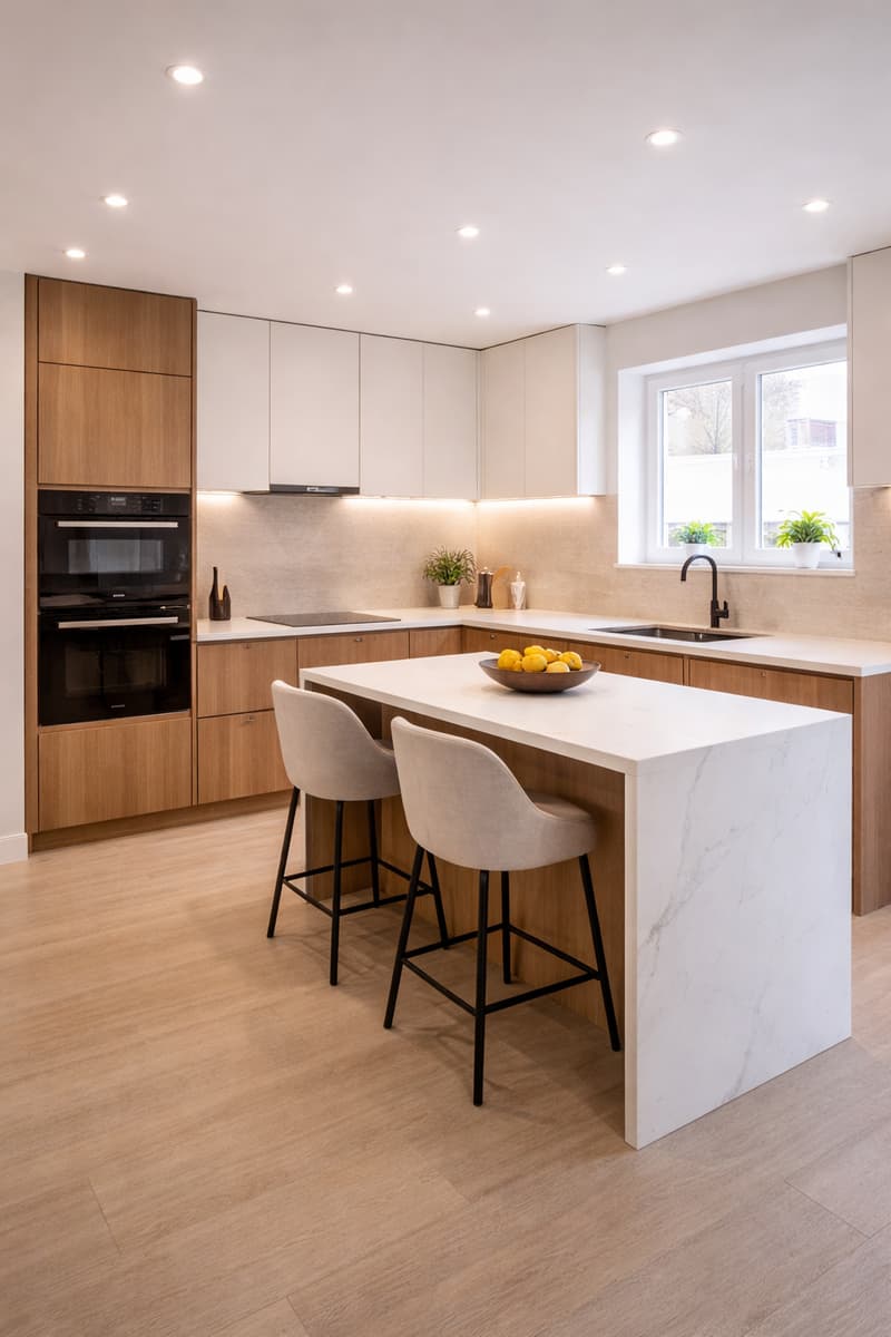 modern kitchen with wooden cabinets, marble countertop, black stove, oven, sink, faucet, two stools, bowl of lemons