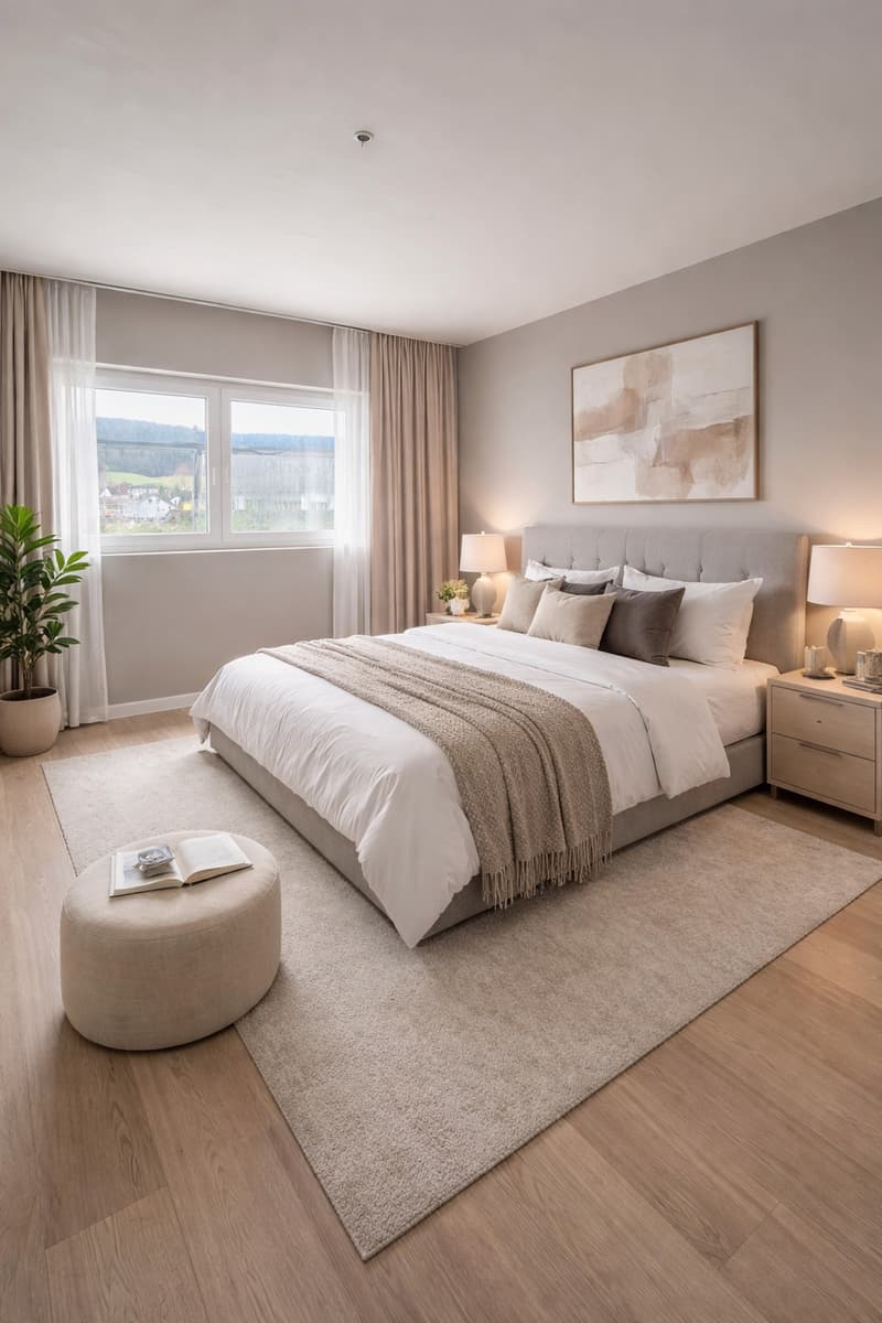 A bedroom with a large bed, a rug, a nightstand with lamps, a potted plant, and a window with curtains.