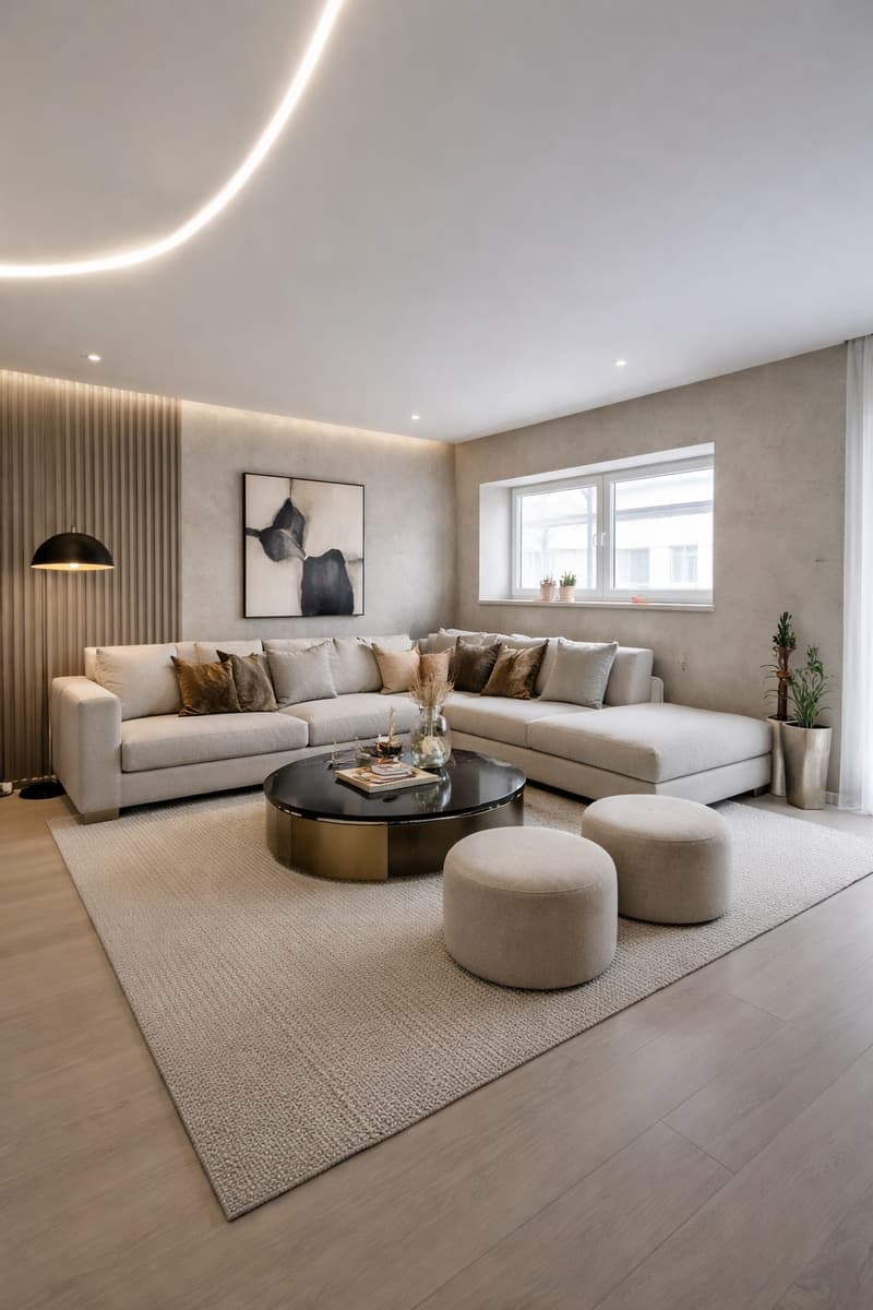 modern living room with white couch, round coffee table, beige rug, floor lamp, beige walls, large window, plants
