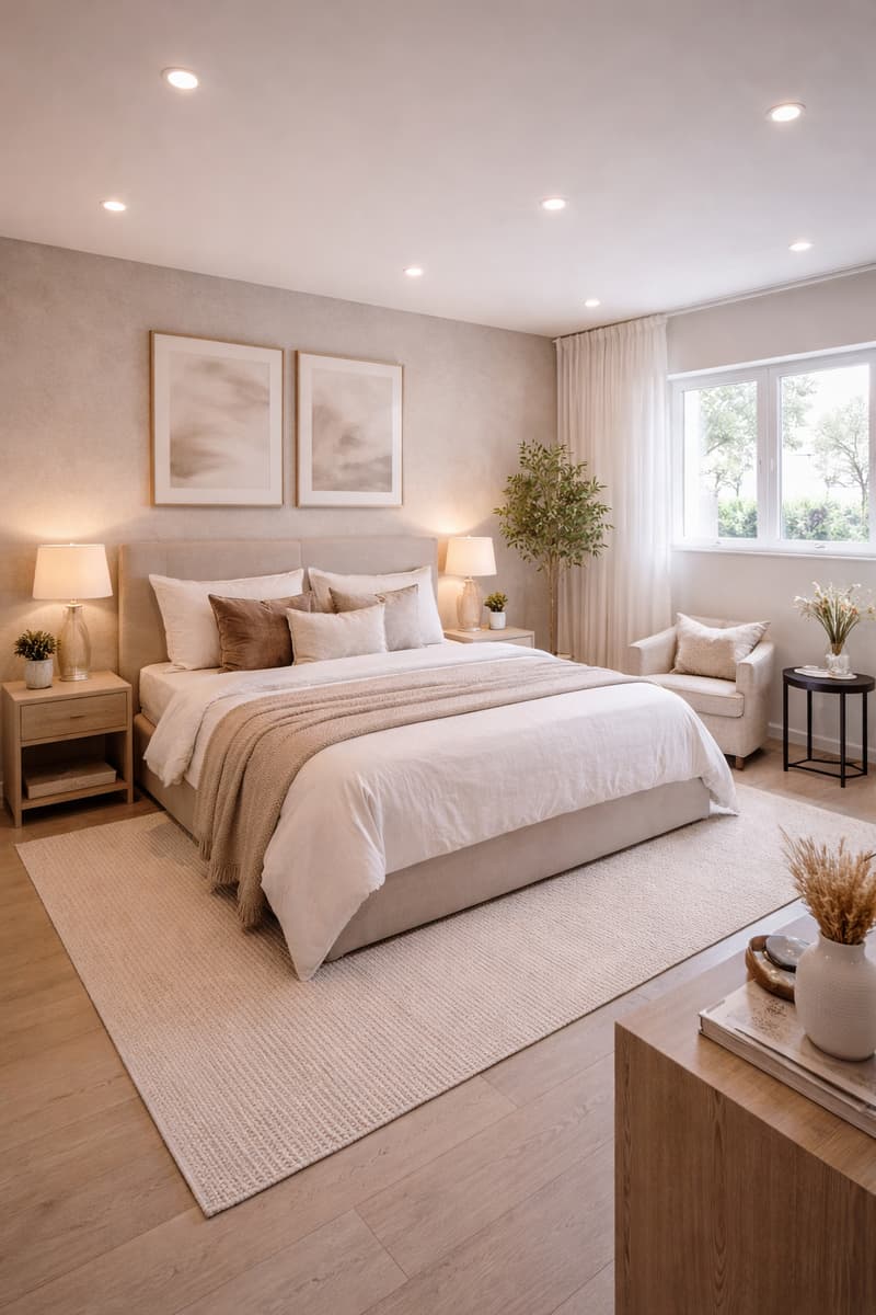 A bedroom with a large bed, two nightstands, a chair, a rug, a plant, and a window with curtains.