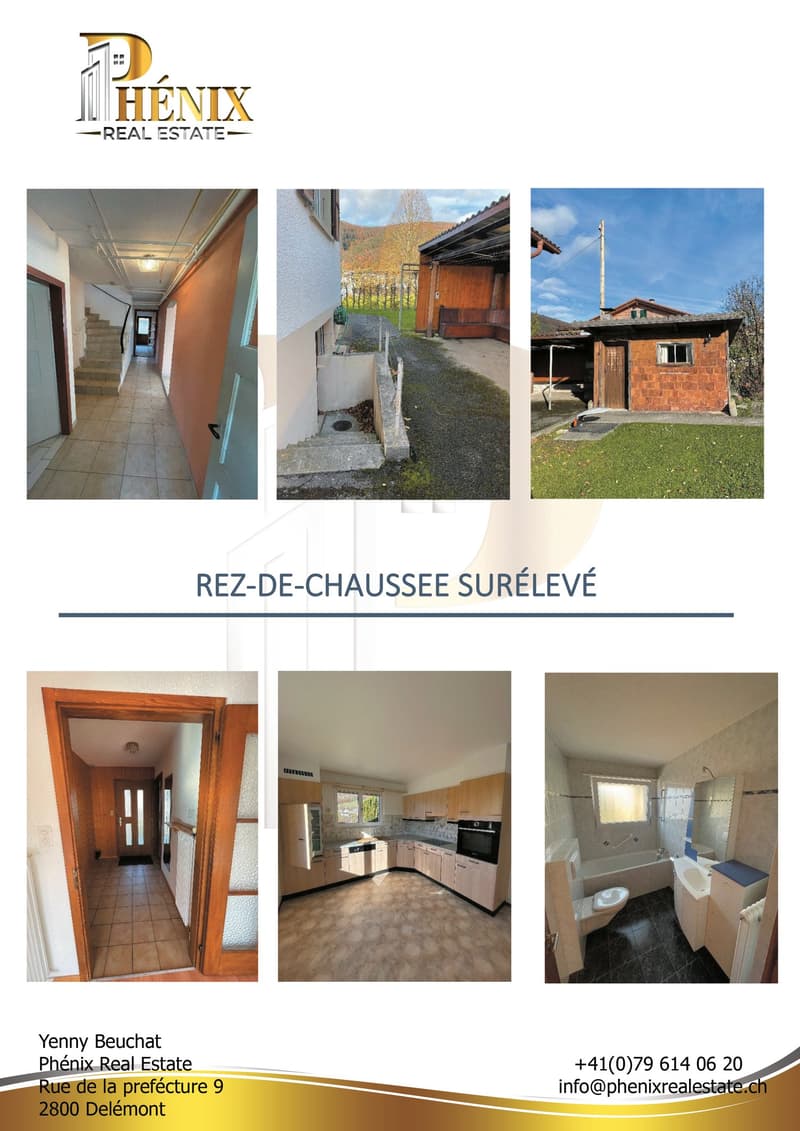 House with raised ground floor, tiled floors, kitchen with appliances, bathroom with bathtub, separate toilet, hallway, and a view of the exterior.