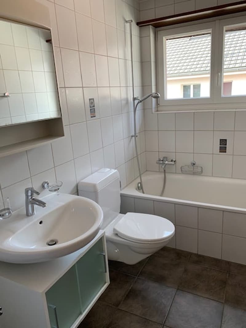 Bathroom with shower, toilet, bathtub, sink, and mirror