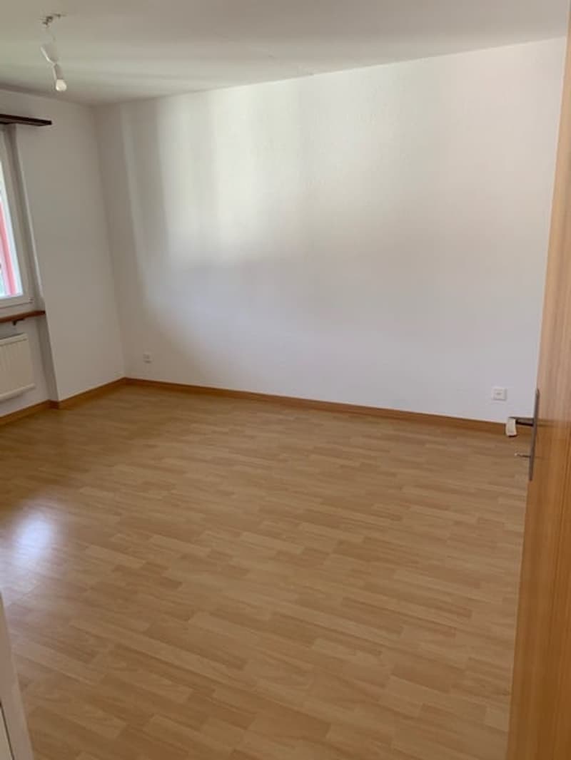 room with wooden floor, white walls, window, radiator and light fitting