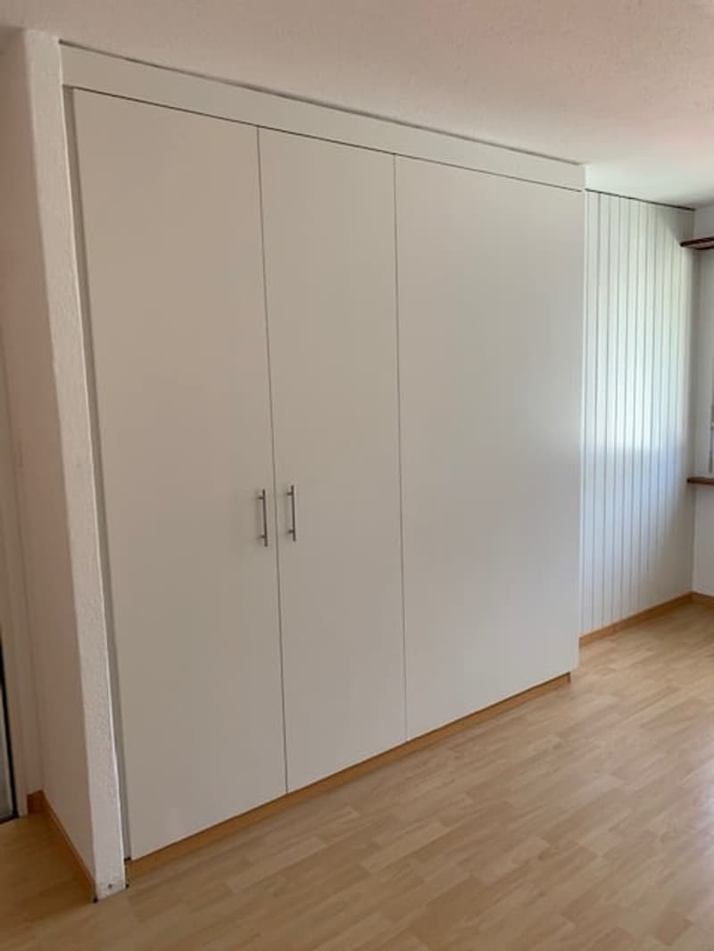 A room with two large white closets and a window