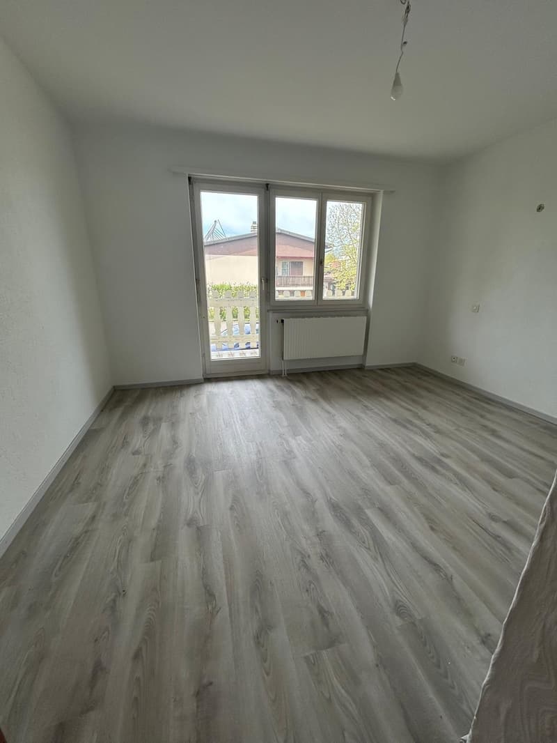 empty room, white walls, wooden floor, sliding glass door, balcony, radiator