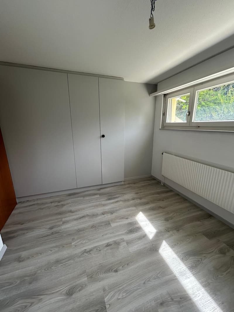 empty room, white walls, wooden floor, large windows, white wardrobe, white radiator