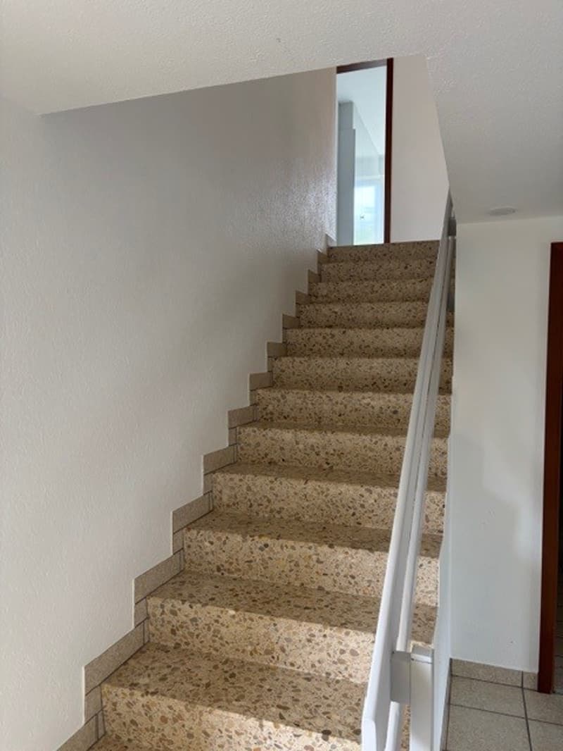 granite steps, white handrail, white walls