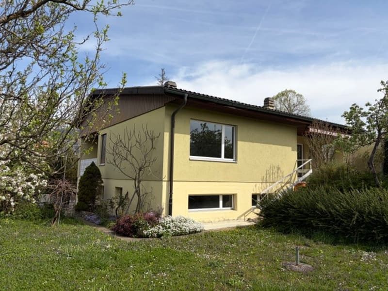2 story house, yellow exterior, brown roof, white windows, surrounded by plants and trees