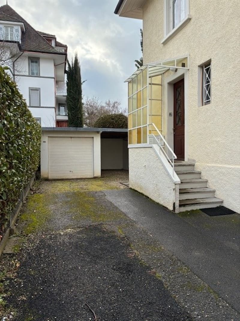 House with garage, concrete driveway, hedge, concrete walkway