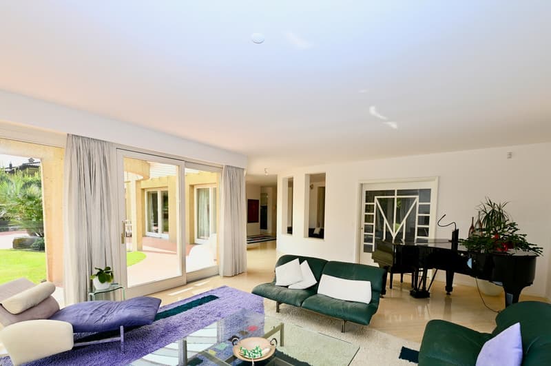 large windows, sliding glass doors leading to terrace, carpet, black piano, modern green sofa