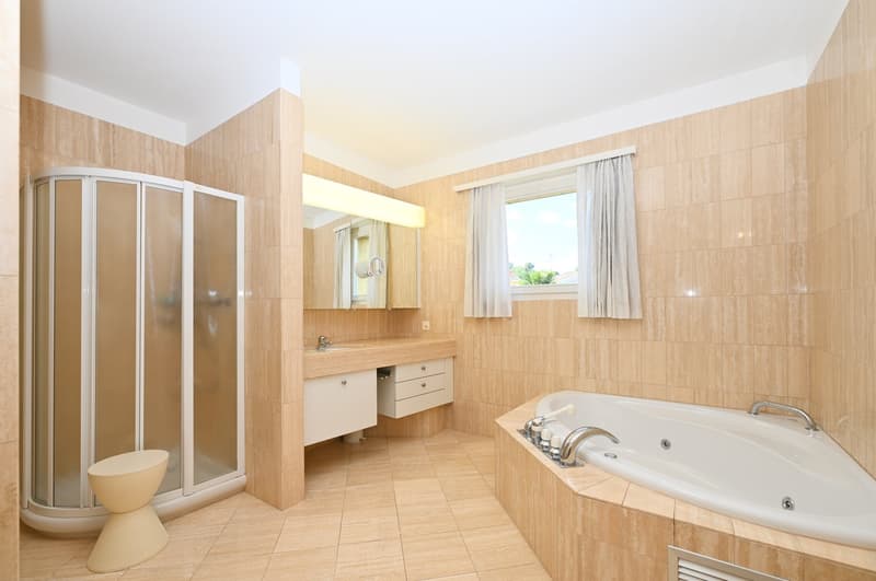 trayless shower, bathtub, sink, white vanity, mirror, tiled flooring, window