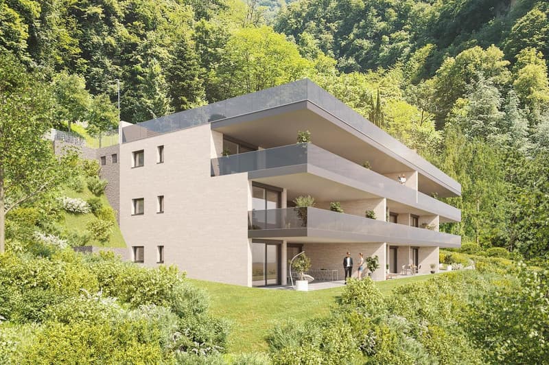 Three story building, modern architecture, large balconies, green surroundings, panoramic view