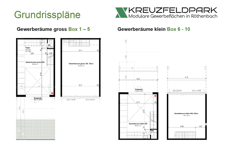 Blueprint of the layout of commercial spaces. Different sized boxes marked as Box 1-5 and Box 6-10